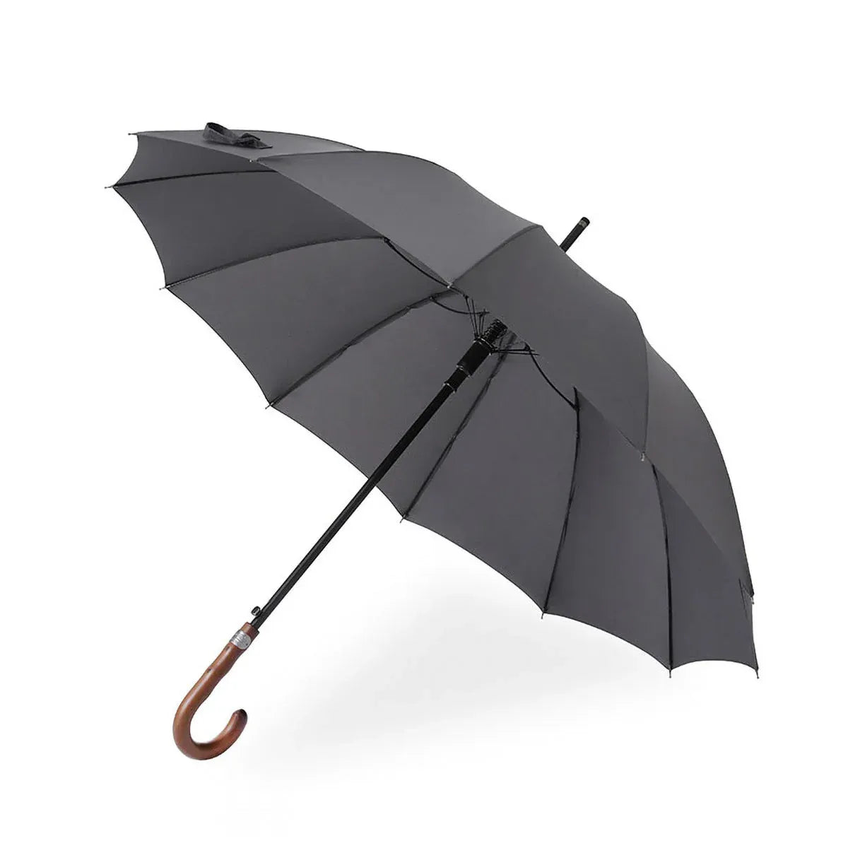 The Gentleman's walking umbrella with a handmade wooden handle, shown open in modern grey.