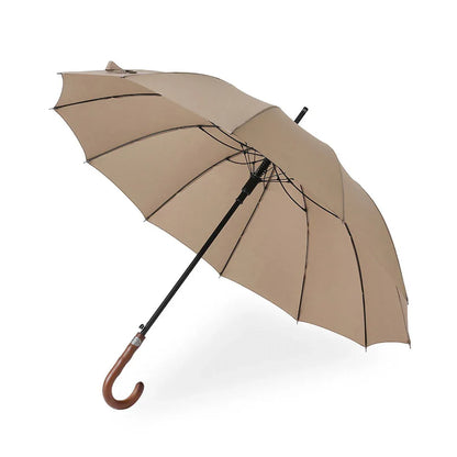 The Gentleman's walking umbrella with a handmade wooden handle, shown open in elegant khaki.