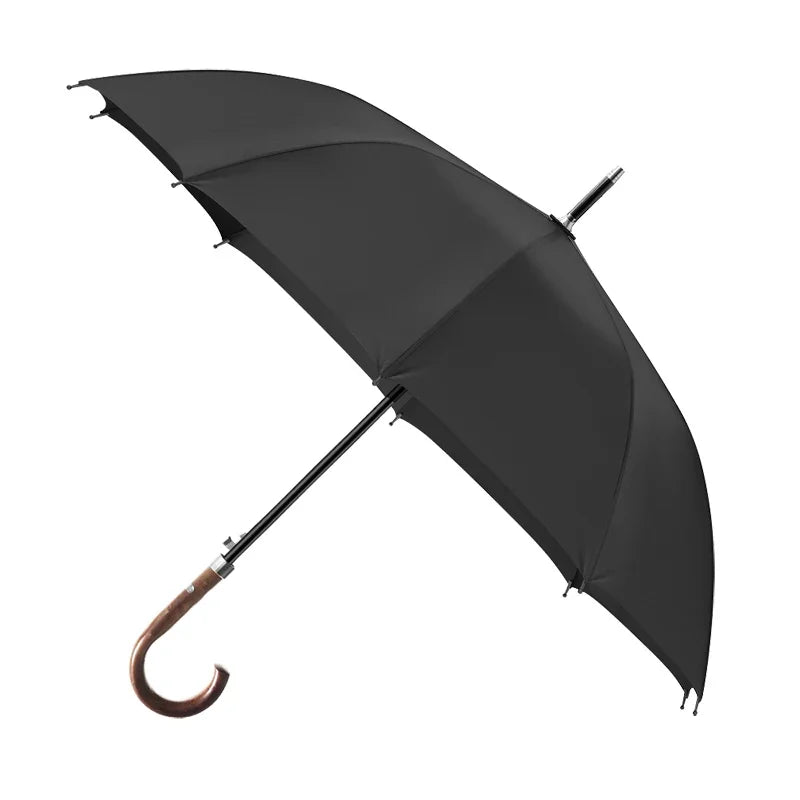 Classic black gents umbrella with a wooden crook handle and wind-resistant frame.