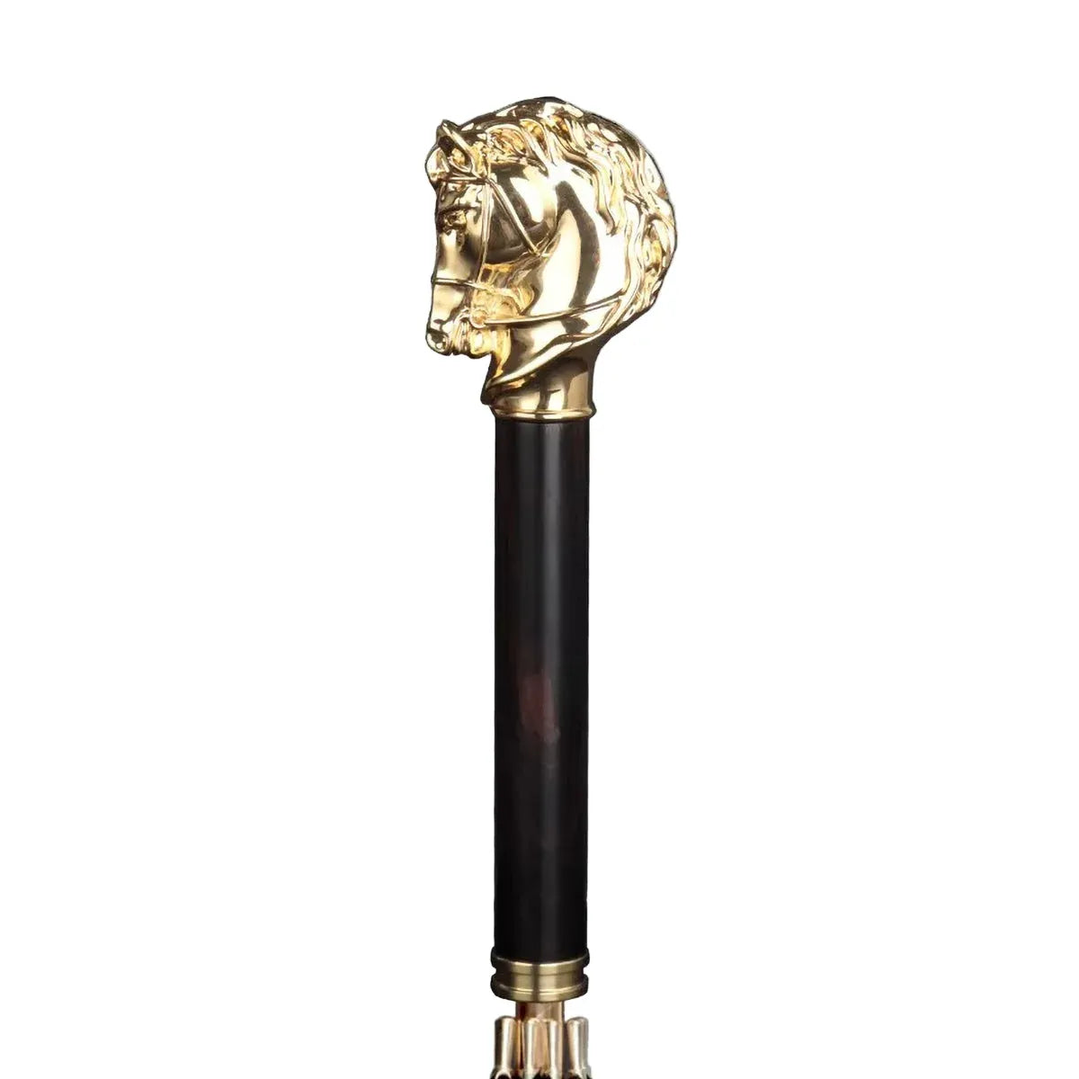Detailed close-up of the intricately crafted gold-plated horse head handle and ebony wood grip.