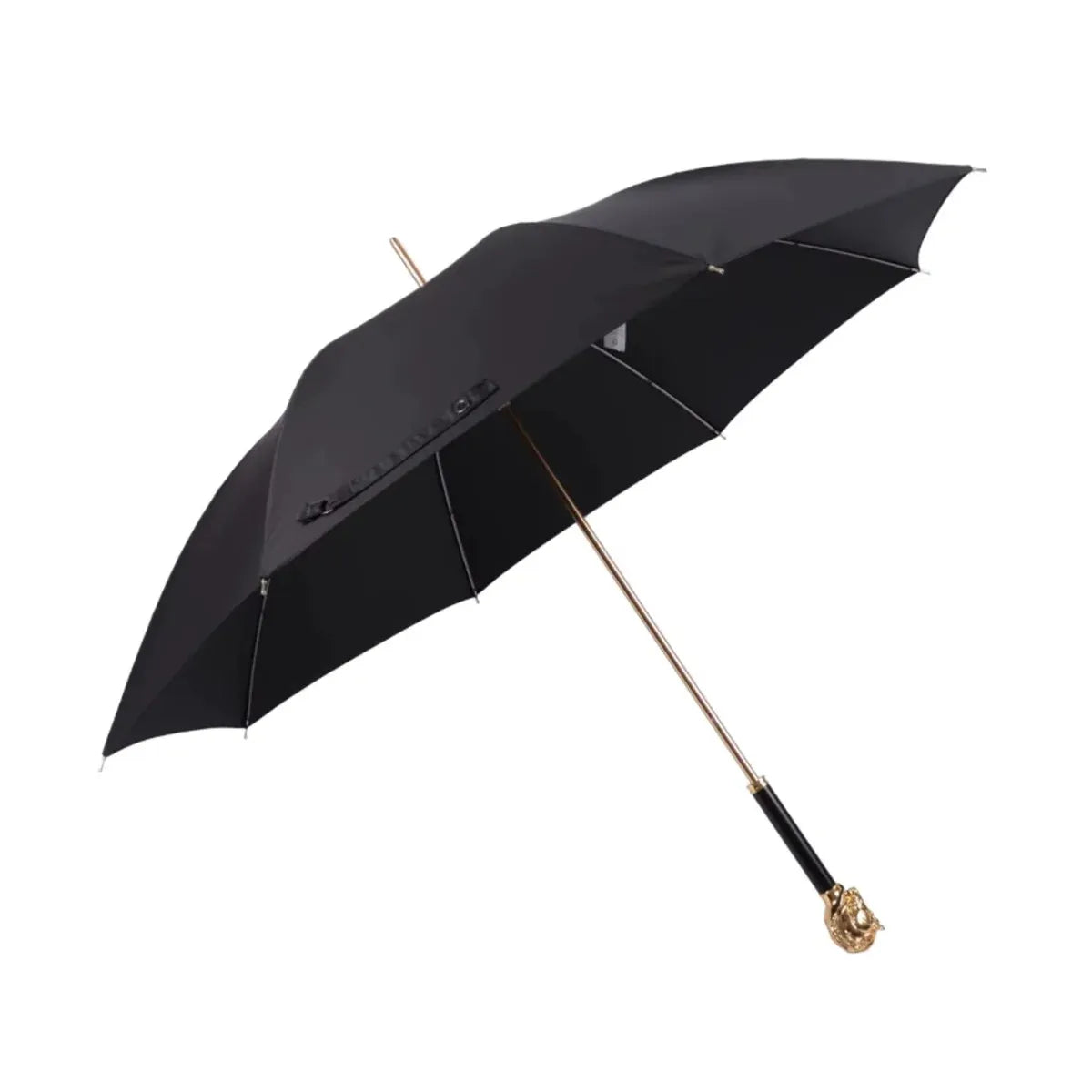Full profile view of the open black canopy on the Gold Horse Handle umbrella with ebony grip.