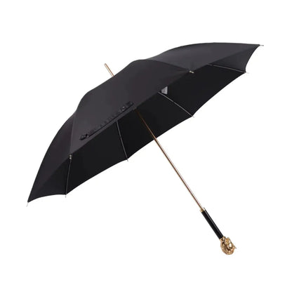 Full profile view of the open black canopy on the Gold Horse Handle umbrella with ebony grip.