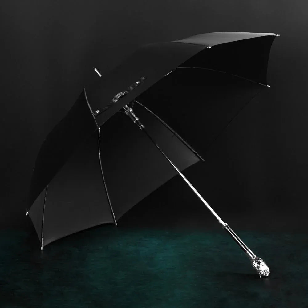 Profile view of the open black canopy on the elegant silver horse head handle umbrella.