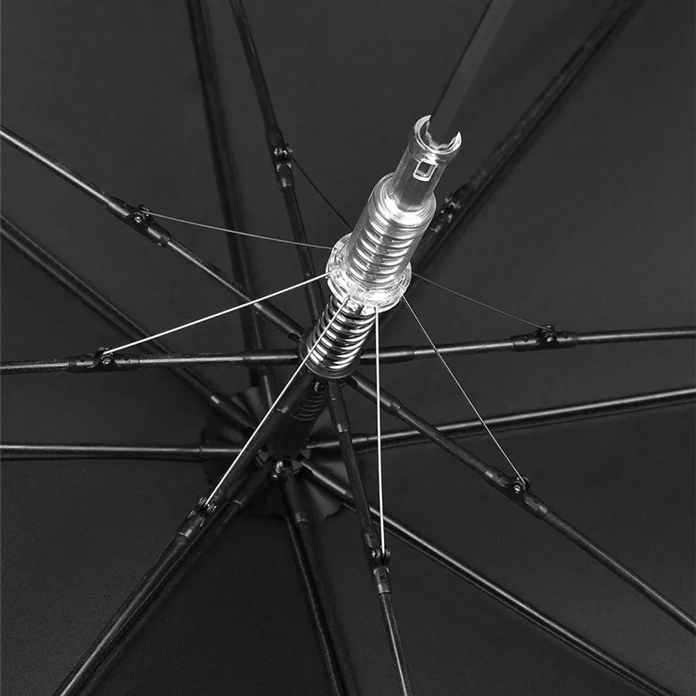 View from underneath the open black canopy showing the 8-rib fiberglass frame and mechanism.