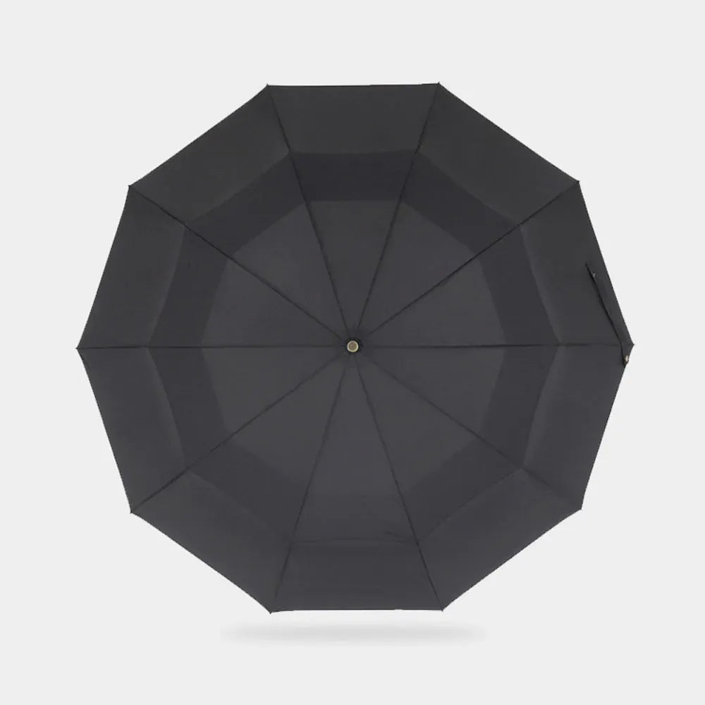 Top-down view of the large open black double canopy showing the windproof vents.