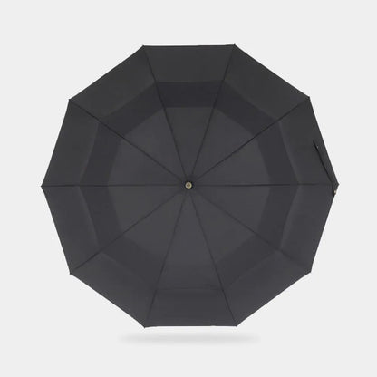 Top-down view of the large open black double canopy showing the windproof vents.