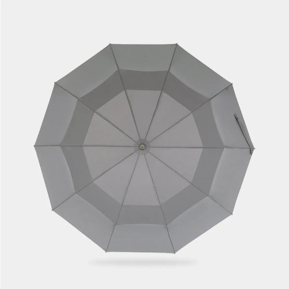 Top-down view of the large open grey double canopy showing the windproof vents.