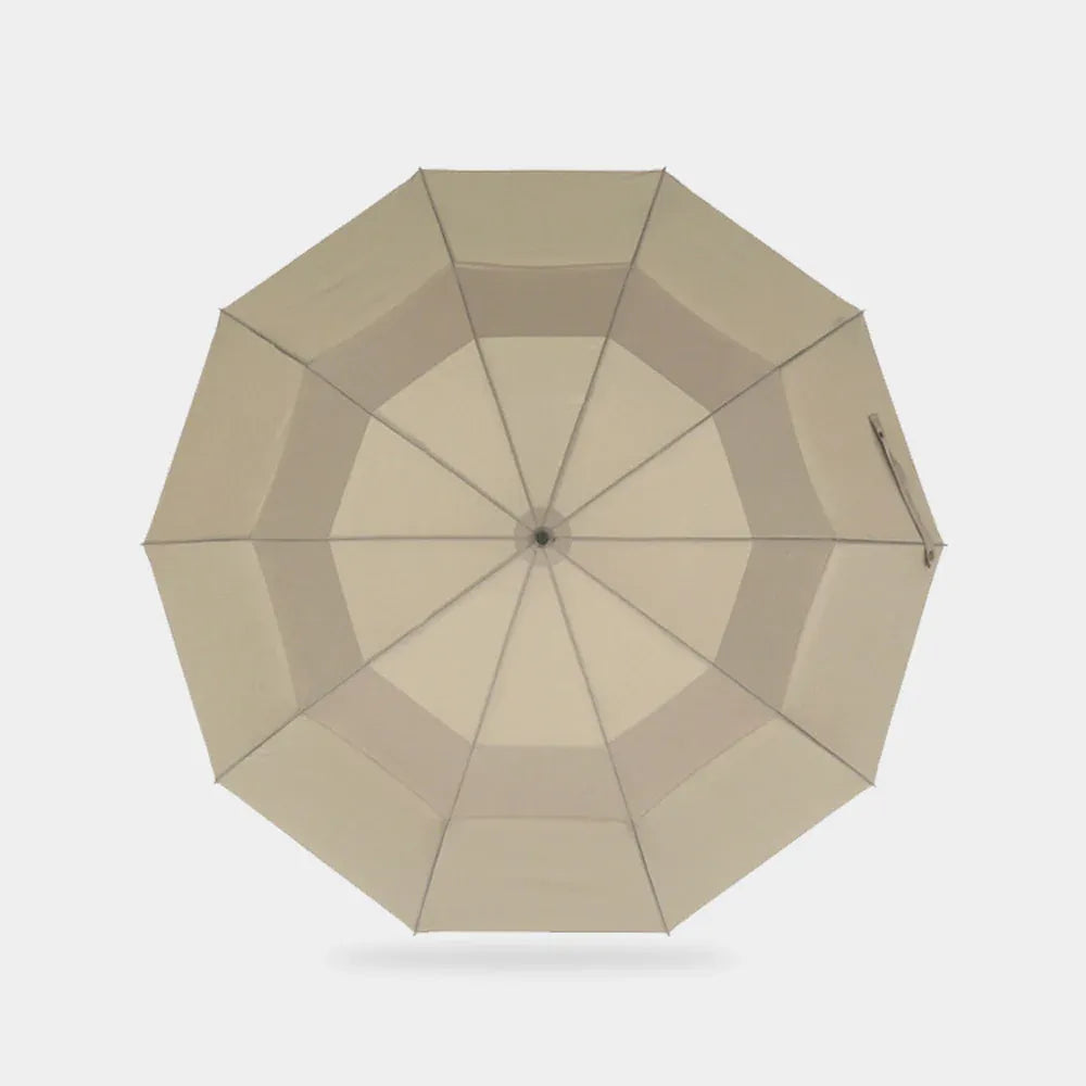 Top-down view of the large open khaki double canopy showing the windproof vents.