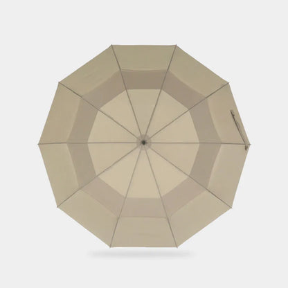 Top-down view of the large open khaki double canopy showing the windproof vents.