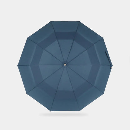 Top-down view of the large open navy blue double canopy showing the windproof vents.