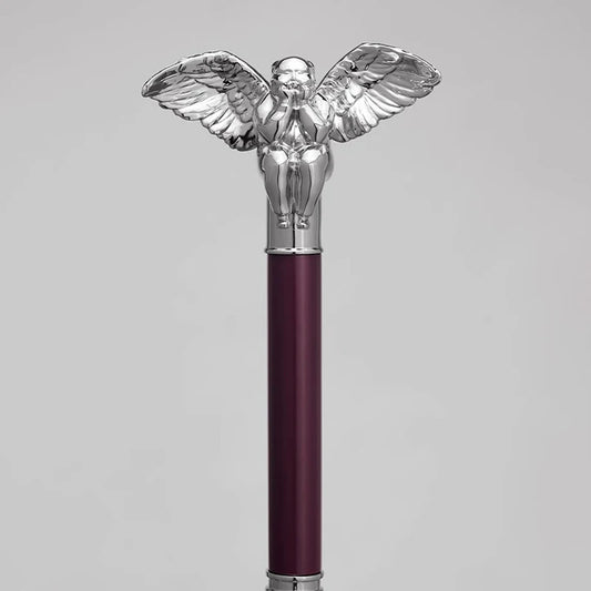 Luxury burgundy umbrella with a silver angel handle, crafted for elegance.