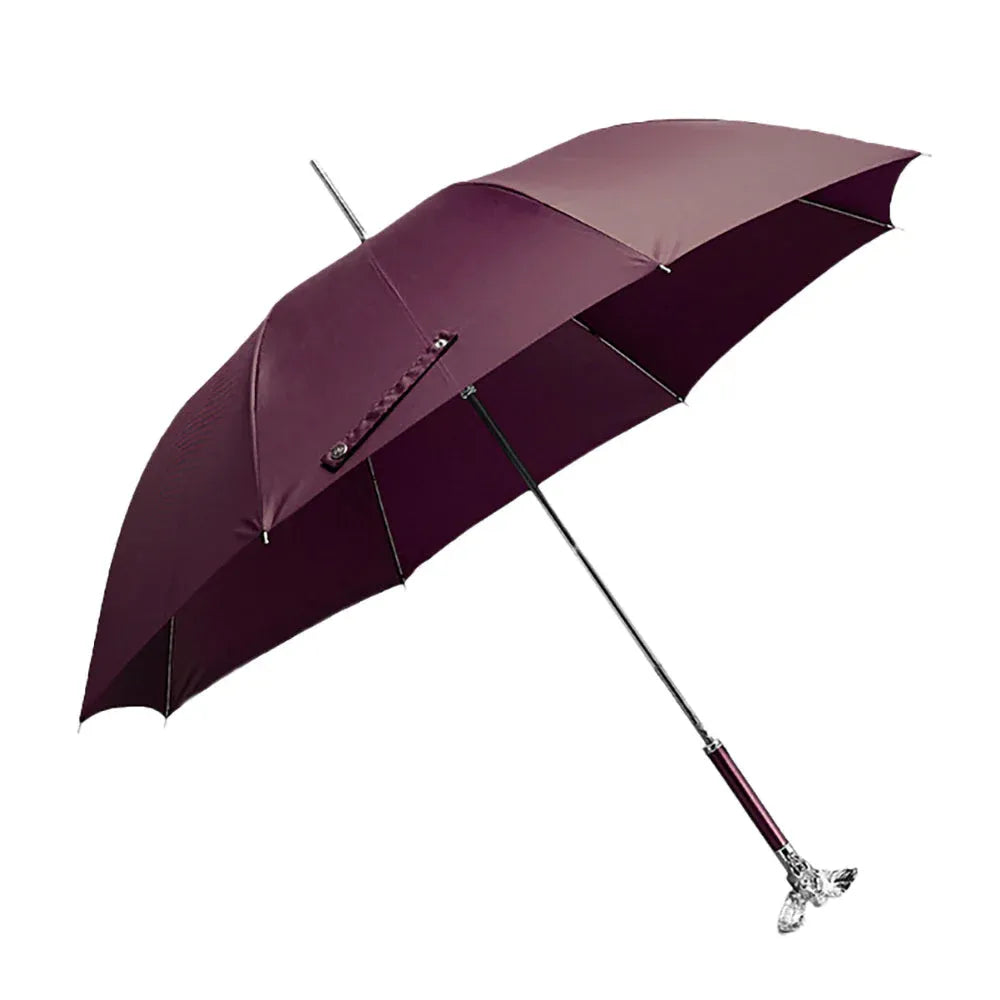 Full profile view of the open luxury burgundy umbrella showcasing the silver angel handle.