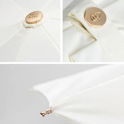 Grid showing details: top cap, golden closure button, and canopy tip of the white umbrella.