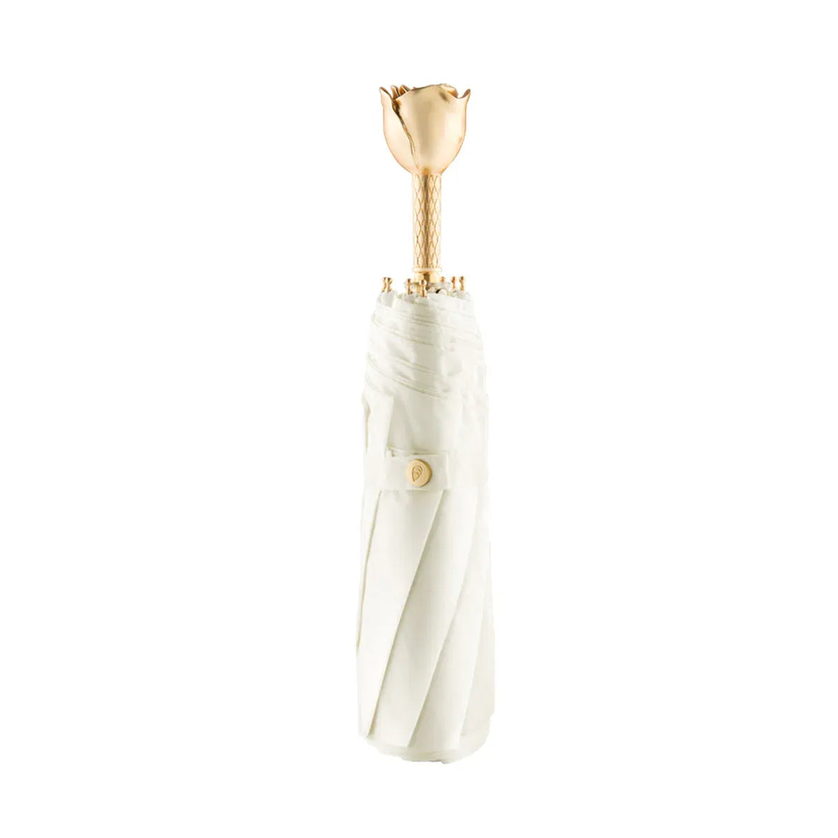 The luxury ladies folding umbrella in white, shown closed and standing upright with its golden rose handle.