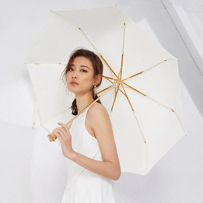 A model holding the open white luxury ladies umbrella with the golden rose handle in front.