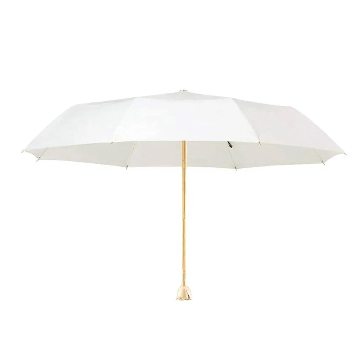 Full view of the open white luxury ladies umbrella showcasing the golden rose handle.