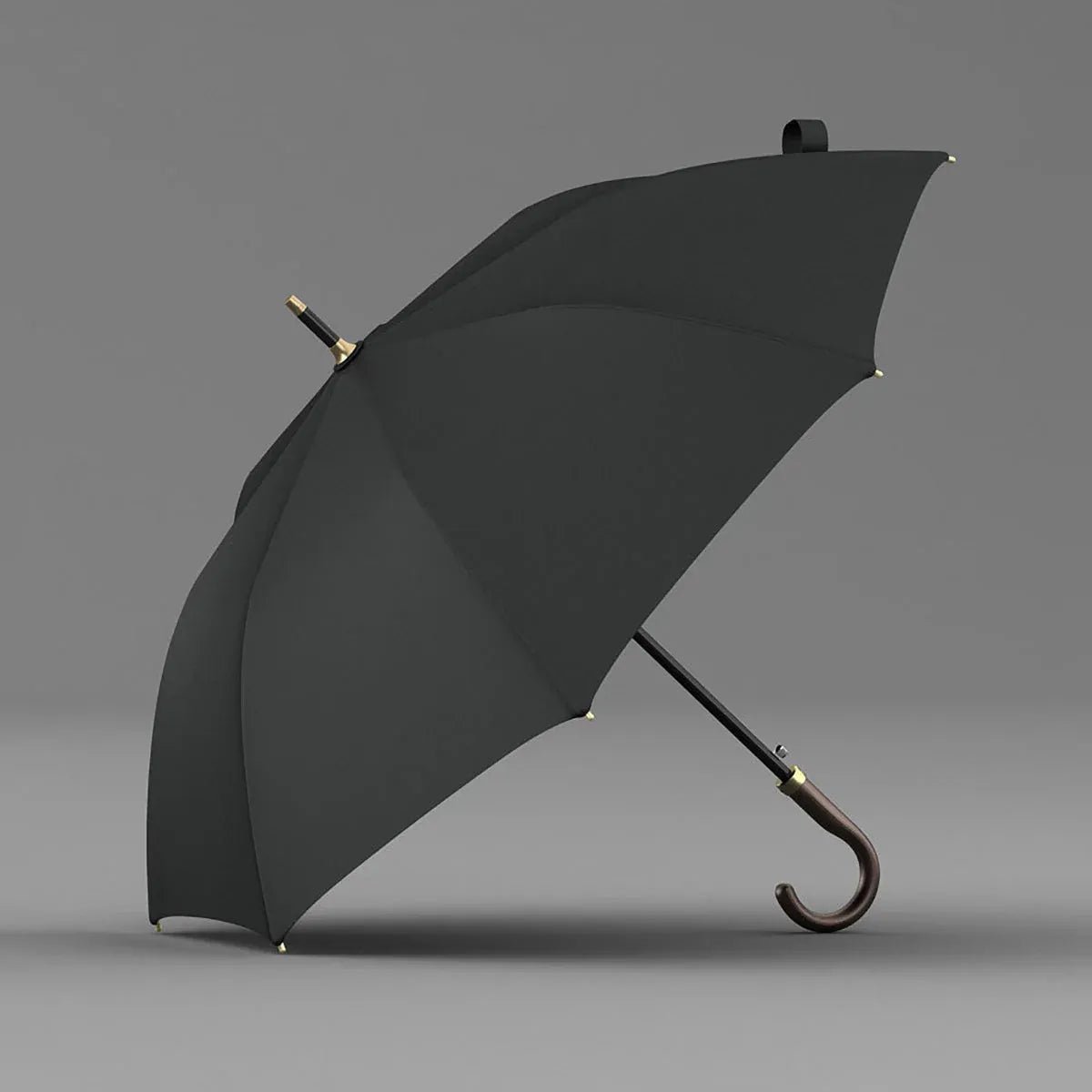 The luxury stick umbrella with a genuine black leather crook handle, shown open.