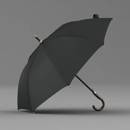 The luxury stick umbrella with a genuine black leather crook handle, shown open.