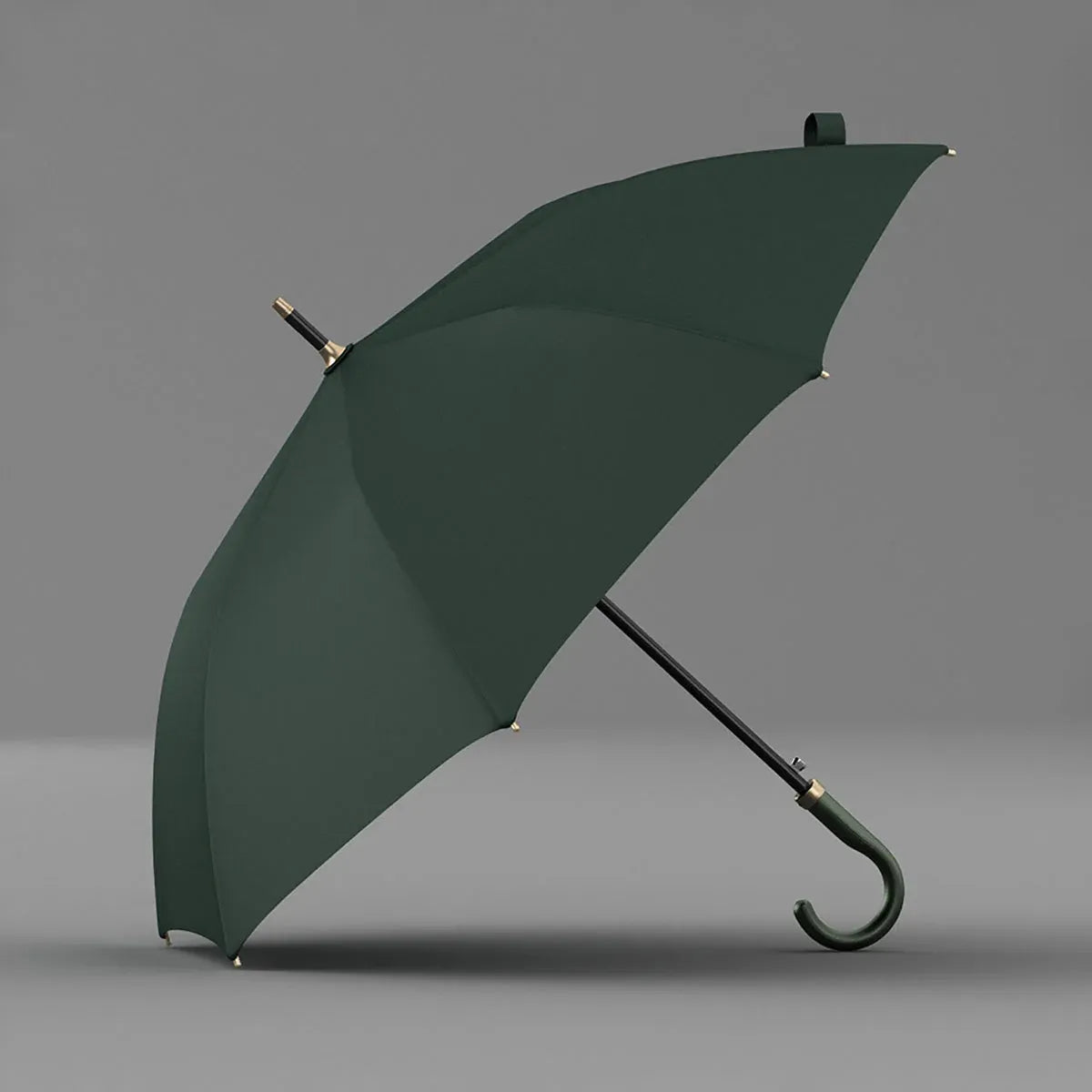 The luxury stick umbrella with a genuine green leather crook handle, shown open.