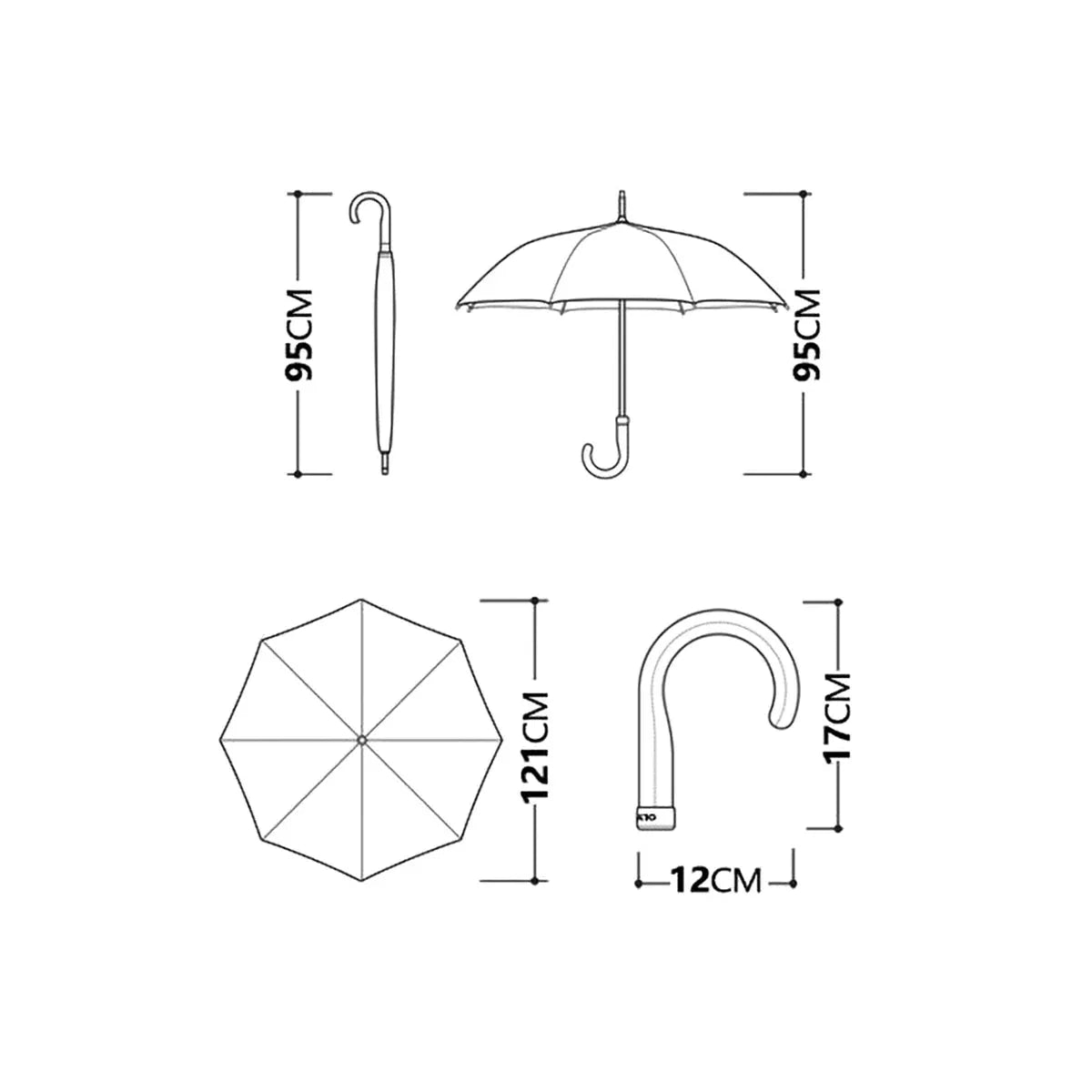 A size guide showing the dimensions of the luxury leather handle umbrella: 121cm diameter and 95cm length.