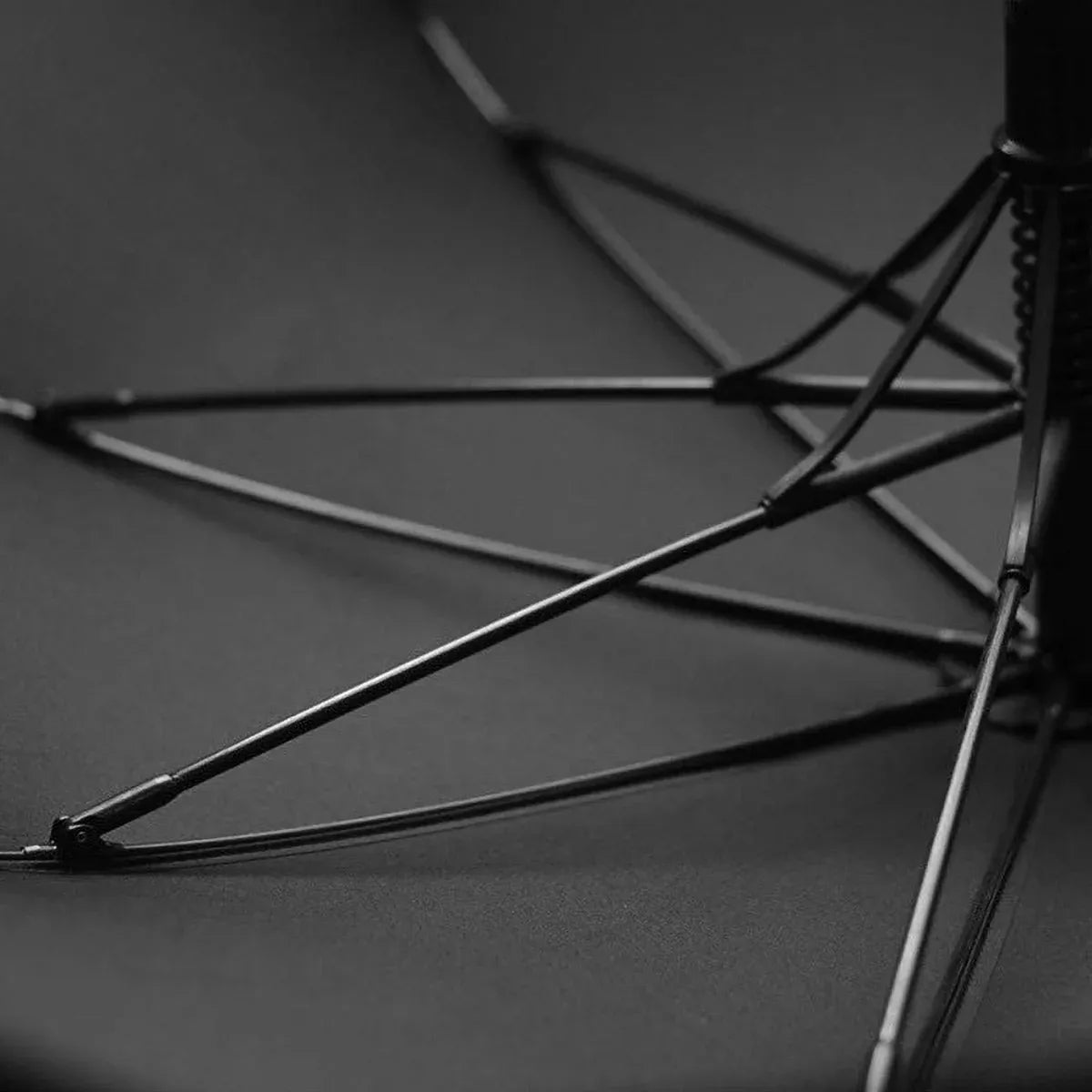 Close-up view from underneath the canopy, showing the 8-rib fiberglass frame structure.