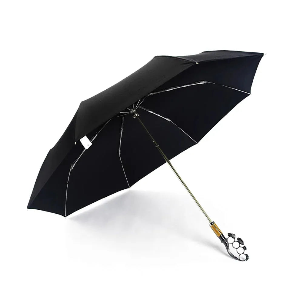 Full profile view of the open black canopy on the luxury gothic ring handle folding umbrella.