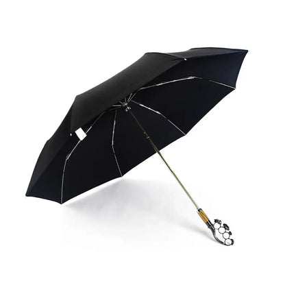 Full profile view of the open black canopy on the luxury gothic ring handle folding umbrella.