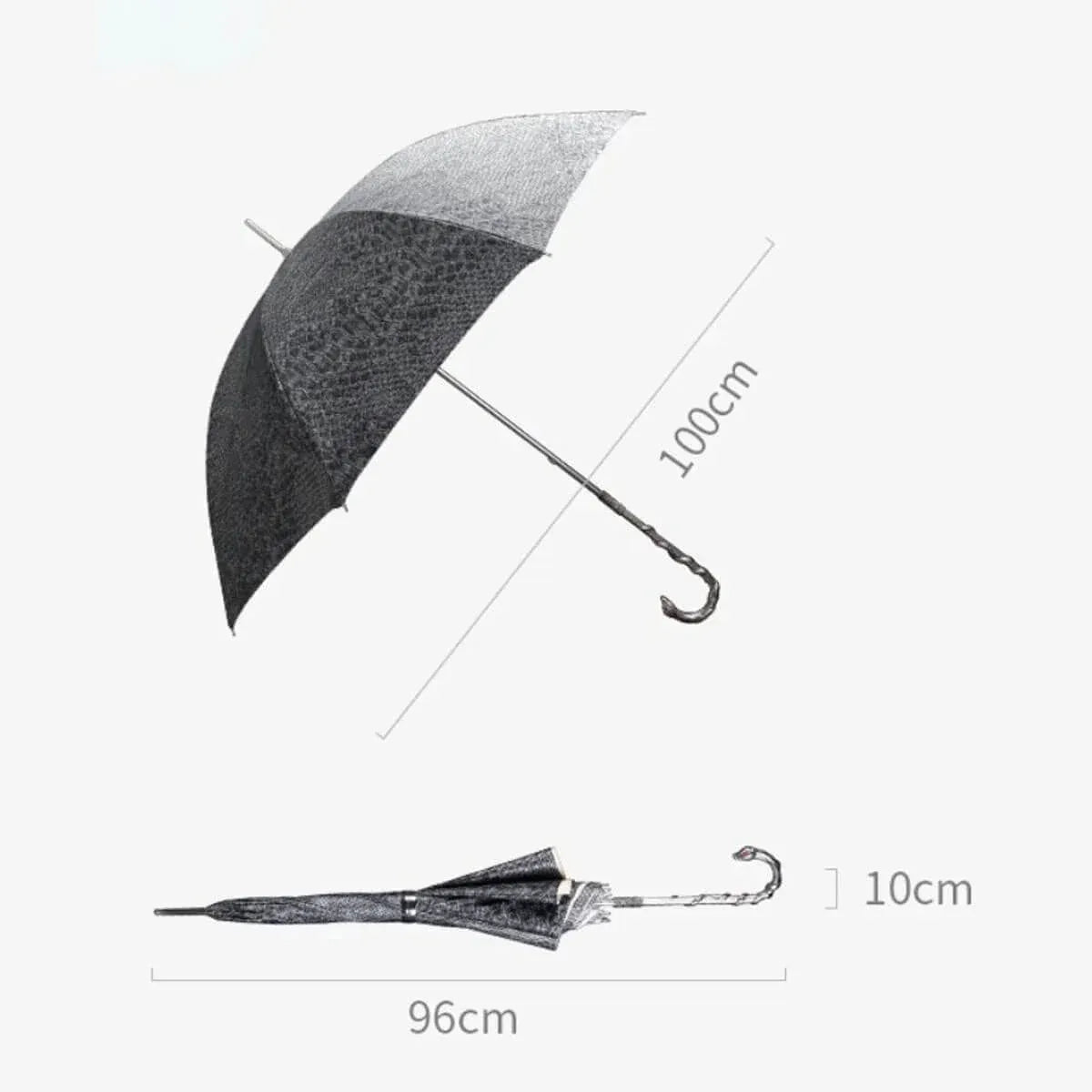 A size guide showing the dimensions of the snake umbrella: 100cm open diameter and 96cm closed length.