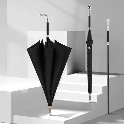 Image demonstrating the 2-in-1 function: umbrella open, umbrella closed, and walking cane detached.