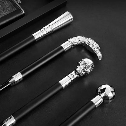 Lifestyle arrangement showcasing the different silver handle designs for the walking cane umbrella.