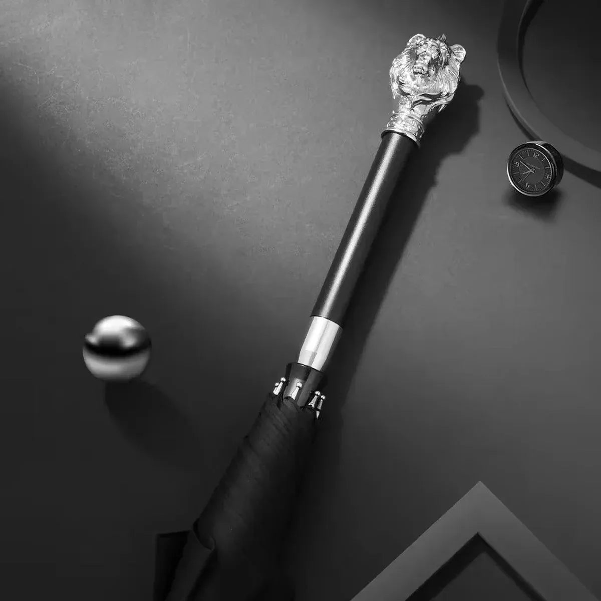 The luxury 2-in-1 walking cane umbrella featuring the silver Lion head handle design.