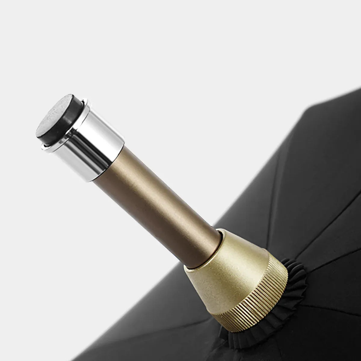 Close-up detail of the top ferrule and mechanism of the walking cane umbrella.