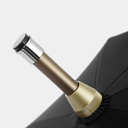 Close-up detail of the top ferrule and mechanism of the walking cane umbrella.