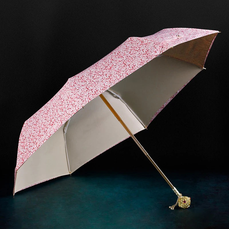 General view of the pink floral umbrella with a floral canopy.