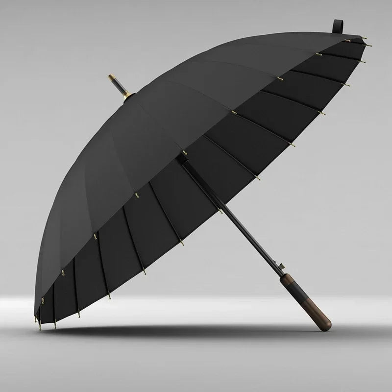 Classic black windproof umbrella with 24 ribs for extra durability.