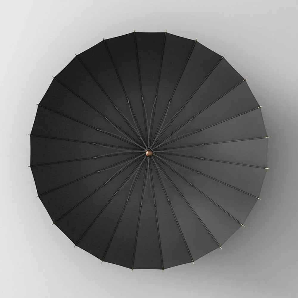 Top-down detail view of the open black canopy, showing the central hub and 24-rib structure.