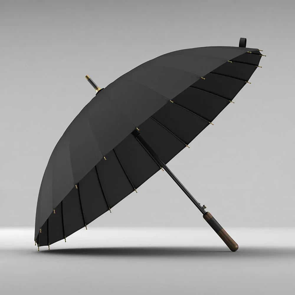The premium 24-rib windproof stick umbrella with wood & leather handle, shown open in classic black.
