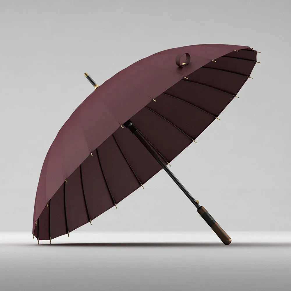 Angled view of the open burgundy 24-rib premium windproof umbrella.