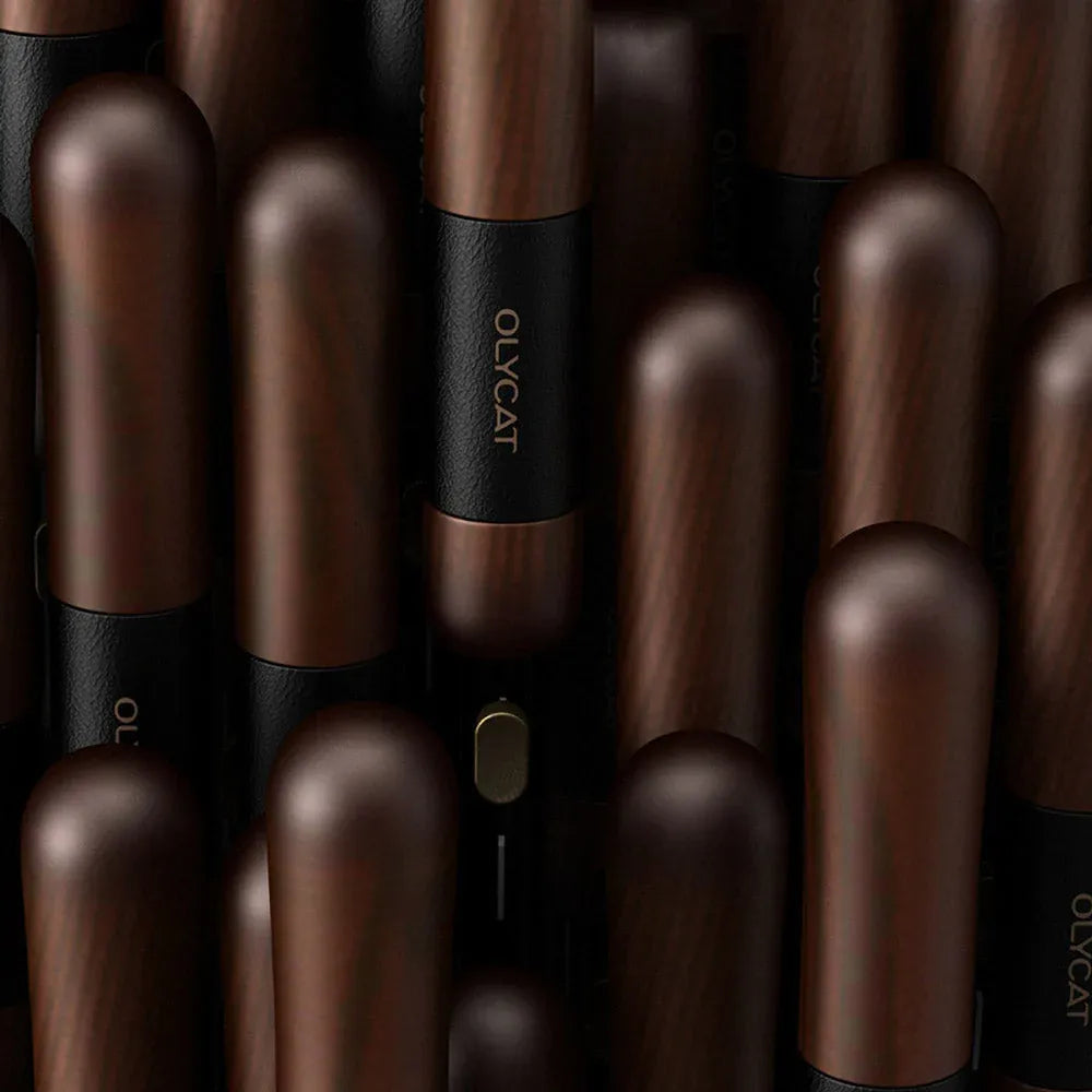 Artistic close-up highlighting the texture of the natural wood handles with leather accents on the 24-rib umbrella.
