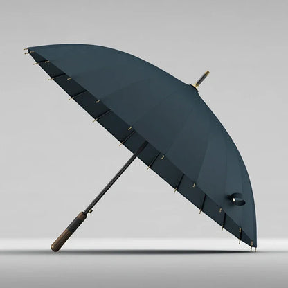 Navy premium windproof umbrella with 24 ribs and wood handle.