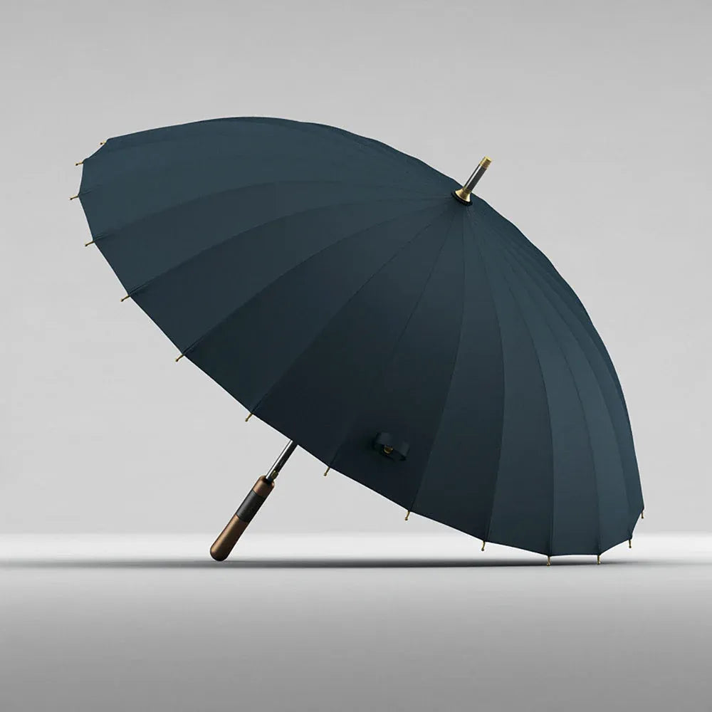 Angled view of the open navy blue 24-rib premium windproof umbrella.