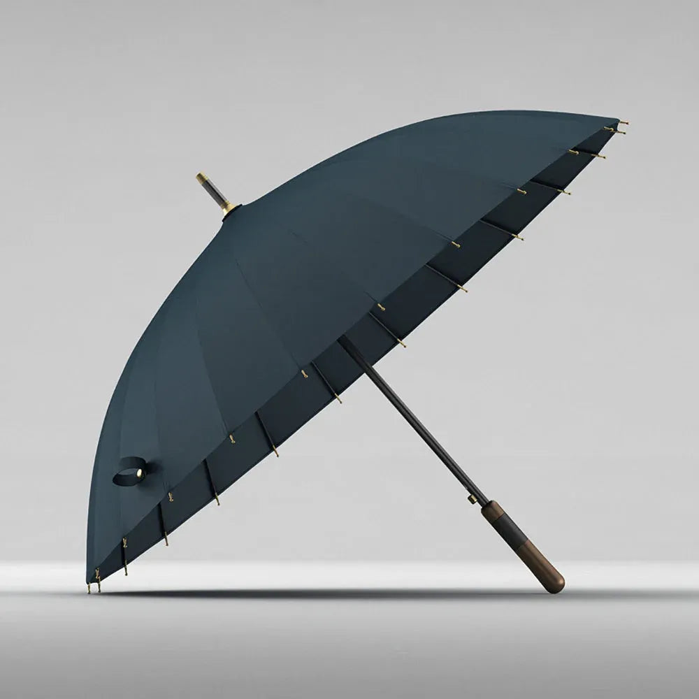 The premium 24-rib windproof stick umbrella with wood & leather handle, shown open in sophisticated navy blue.