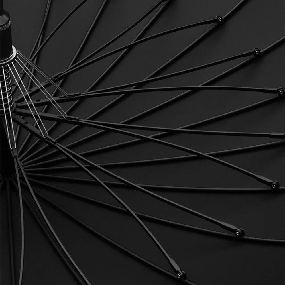 View from underneath the open black canopy showing the robust 24-rib fiberglass frame and mechanism.