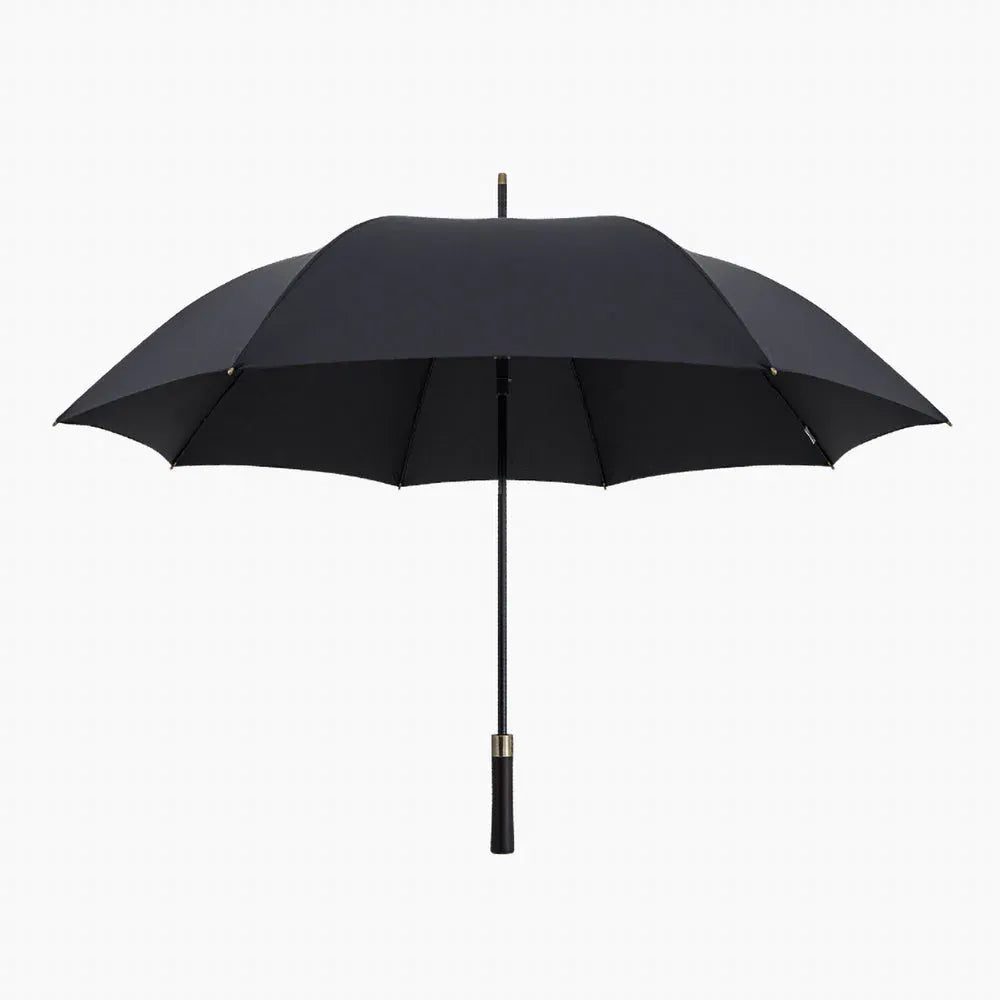 Front view of the open large 52-inch premium rain umbrella in black with a wood handle.