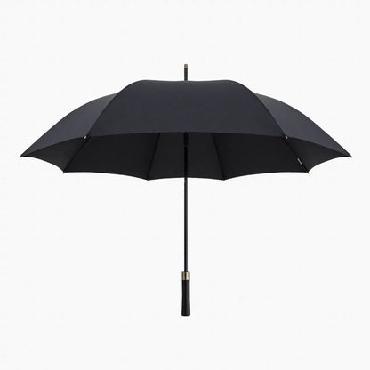 Front view of the open large 52-inch premium rain umbrella in black with a wood handle.