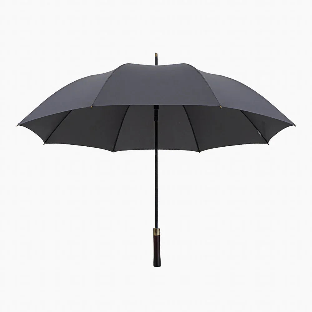 Front view of the open large 52-inch premium rain umbrella in grey with a wood handle.