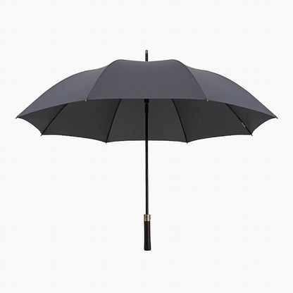 Front view of the open large 52-inch premium rain umbrella in grey with a wood handle.