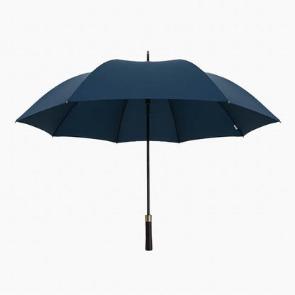 Front view of the open large 52-inch premium rain umbrella in navy blue with a wood handle.