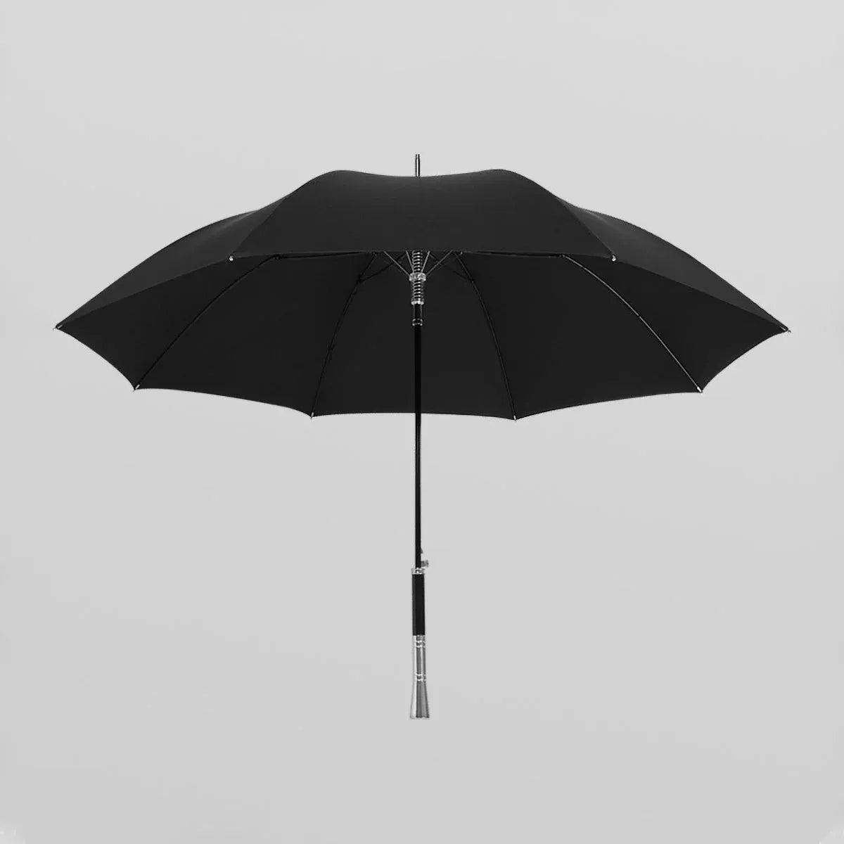 Front view of the open premium long handle umbrella with the sleek alloy handle.