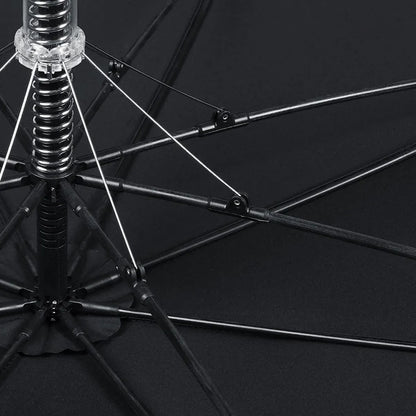 View from underneath the open black canopy showing the 8-rib fiberglass frame and central spring mechanism.